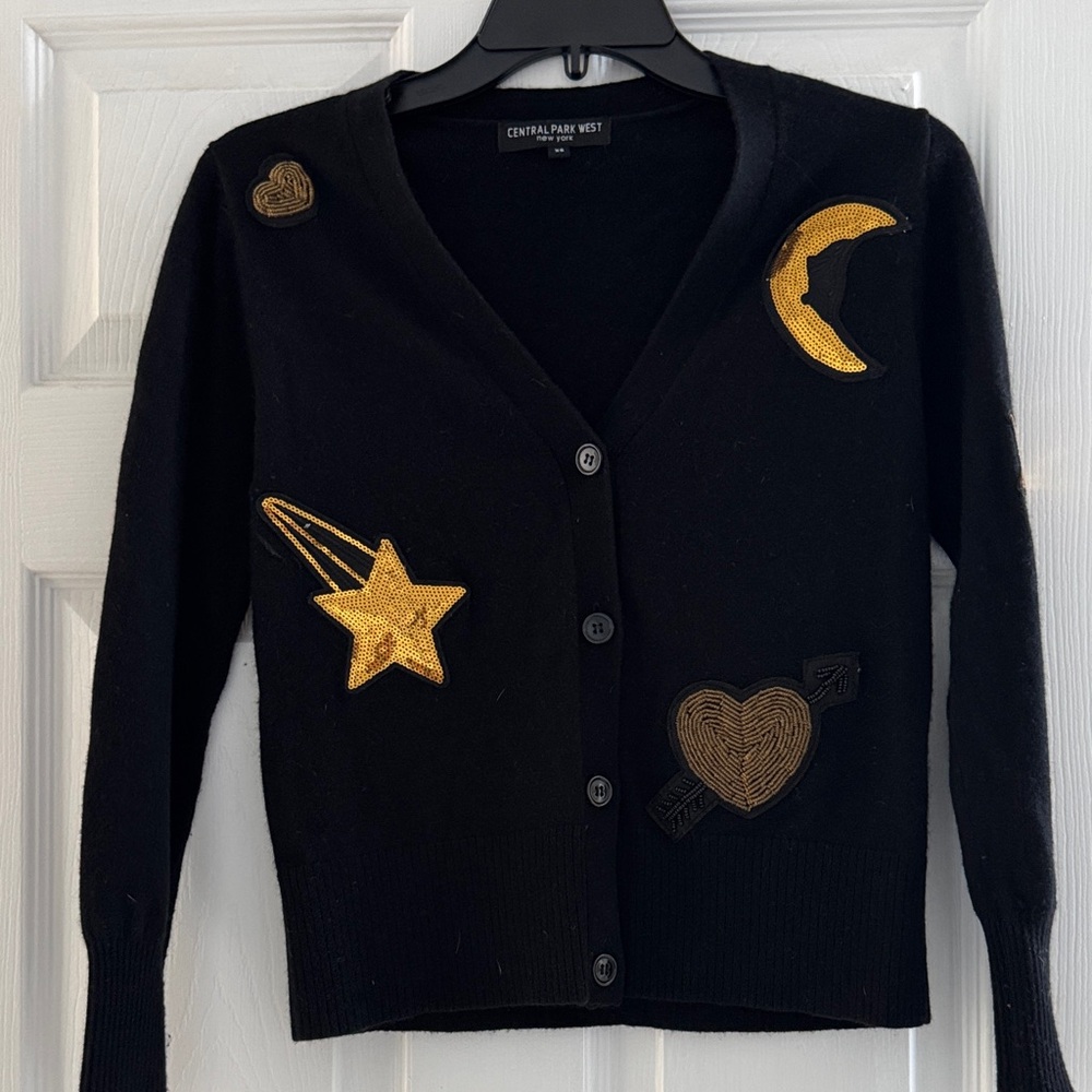 Central Park West Black Cardigan with Gold Accents size XS